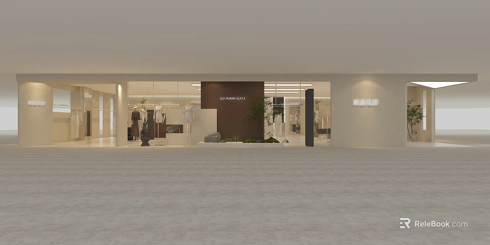 CLAIRE DE LUNE Clothing Store Modern Interior With Display Racks Plants And Fashion Apparel 3d model 