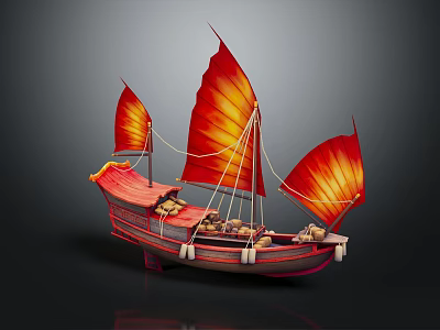 Vintage Chinese Junk Sailing Boat With Red Sails Cargo And Dark Background Reflection 3d model