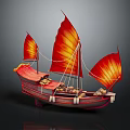 Vintage Chinese Junk Sailing Boat With Red Sails Cargo And Dark Background Reflection