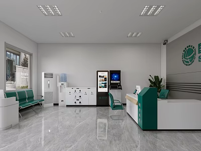 Service Hall Interior With Green Counter Self Service Machines Seats And Potted Plant 3d model