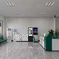Service Hall Interior With Green Counter Self Service Machines Seats And Potted Plant