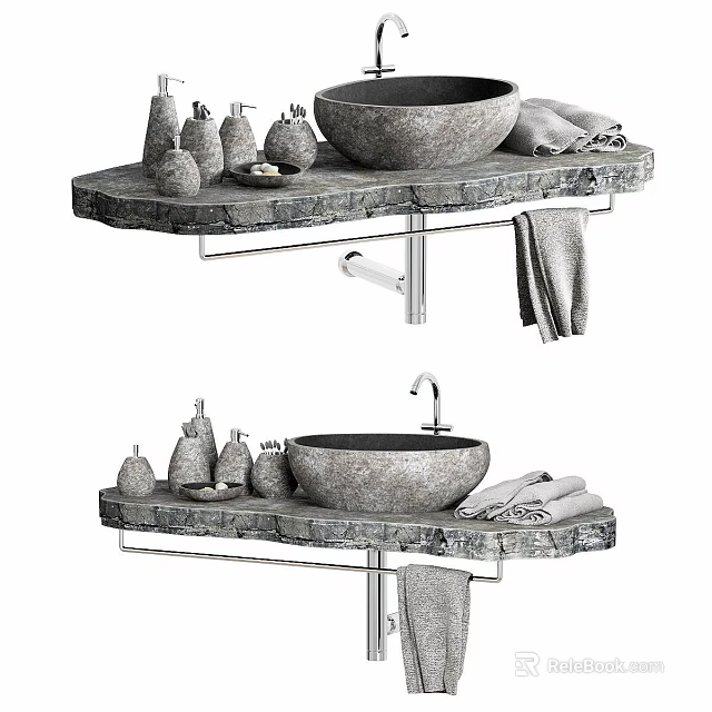 Stylish Marble Bathroom Vanity With Countertop Basin Towels And Toiletries 3d model 