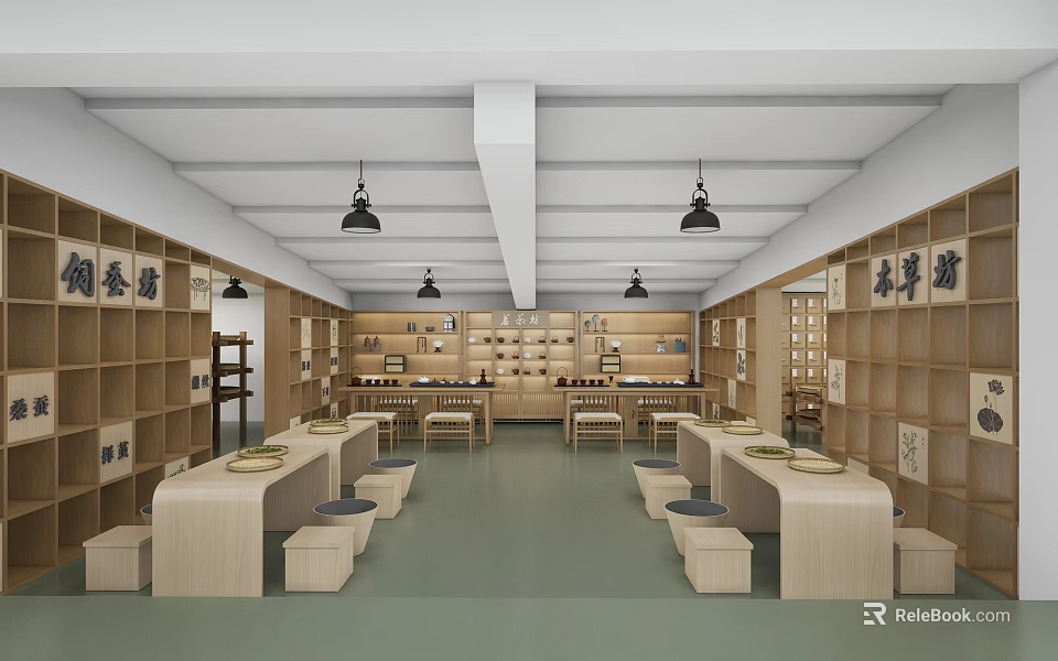 School Traditional Culture Classroom Interior With Wooden Furniture And Calligraphy 3d model 