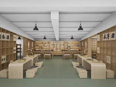 School Traditional Culture Classroom Interior With Wooden Furniture And Calligraphy 3d model