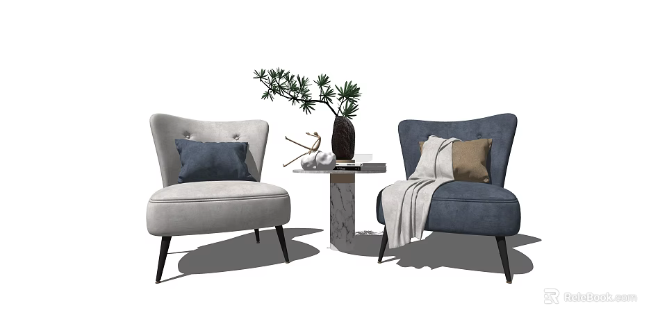 Casual Sofa Combination With Modern Gray Blue Sofas Pillows Side Table And Plant 3d model