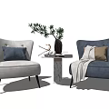 Casual Sofa Combination With Modern Gray Blue Sofas Pillows Side Table And Plant 3d model