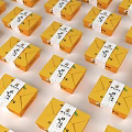 Four Yellow Decorative Ornament Set Boxes With White Labels And Straps For Home Decoration
