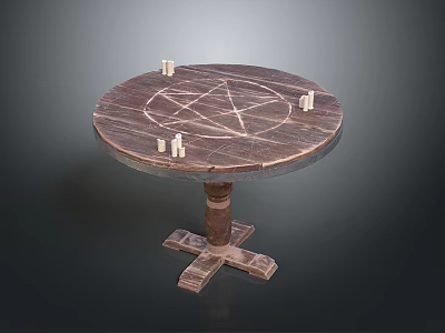 Round Wooden Table With Pentagram Symbol And Candles On Dark Background 3d model
