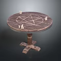 Round Wooden Table With Pentagram Symbol And Candles On Dark Background