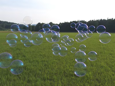 Charming Garden Ornaments With Transparent Soap Bubbles Floating Over Green Grass And Background Trees 3d model