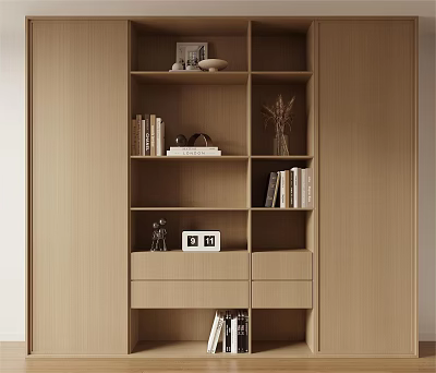 Modern Wooden Bookcase With Multiple Shelves Books Decorative Items And Drawers 3d model