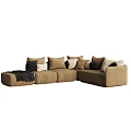 Modern Brown Sectional Sofa With Multiple Colored Pillows And Throw Blanket 3d model