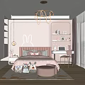 Cute Pink Kids Room Interior with Rabbit Decor Neon Chandelier Stuffed Toys and Desk