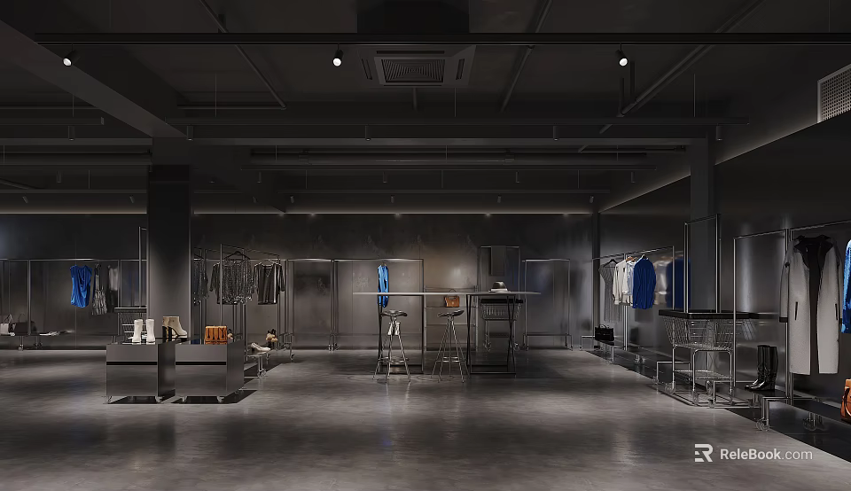 Contemporary Clothing Store Interior Featuring Display Racks Hanging Apparel And Open Layout 3d model 