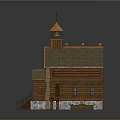Wooden Church Building With Cross On Bell Tower Clock Stone Base Steps And Sloped Roof