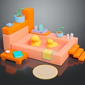 Cozy Bathroom Living Supplies With Orange Bathtub Yellow Rubber Ducks Potted Plants Candles And Towel