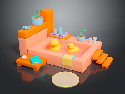 Cozy Bathroom Living Supplies With Orange Bathtub Yellow Rubber Ducks Potted Plants Candles And Towel 3d model