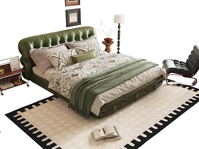 Single Bed With Green Leather Headboard Floral Bedspread Pillows Nightstand Lamp And Area Rug 3d model