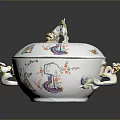 Intricately Sculpted Porcelain Lidded Bowl With Animal Figure And Decorative Patterns
