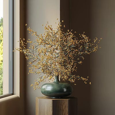 Elegant Green Vase With Yellow Flower Branches On Wooden Window Sill 3d model