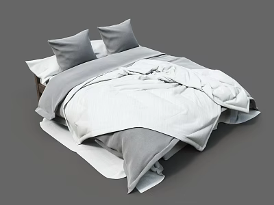 Modern Double Bed With Cozy Gray And White Bedding Sheets And Pillows 3d model