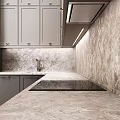 Modern Gray Kitchen Cabinets With Glass Door Panels And Marble Backsplash Countertop