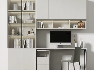 Modern Home Office Desk With Black Screen Mac Computer Gray Chair Built-in Bookshelf And Decor 3d model