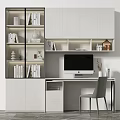Modern Home Office Desk With Black Screen Mac Computer Gray Chair Built-in Bookshelf And Decor