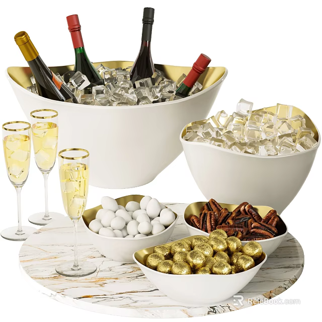 Party Treats With Champagne Glasses Wine Bottles Ice Buckets White Candies Nuts And Golden Chocolates 3d model 