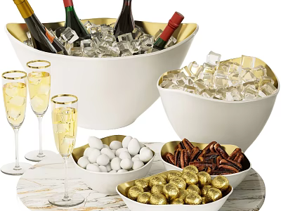 Party Treats With Champagne Glasses Wine Bottles Ice Buckets White Candies Nuts And Golden Chocolates 3d model