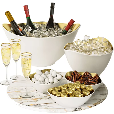 Party Treats With Champagne Glasses Wine Bottles Ice Buckets White Candies Nuts And Golden Chocolates 3d model
