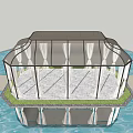 Water Pavilion With Black Roof And White Curtains Floating On Pool With Wooden Walkway