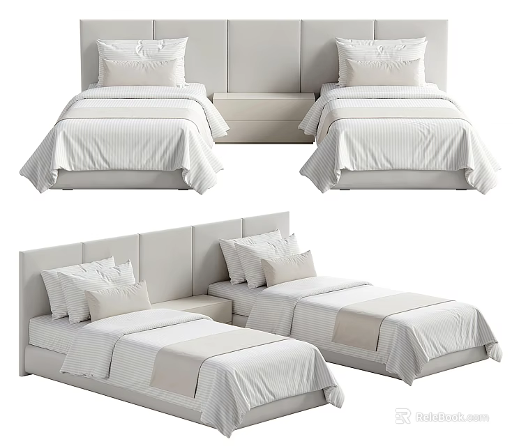 Modern White Single Beds With Striped Bedding Pillows And Headboard 3d model