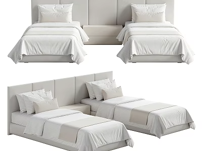 Modern White Single Beds With Striped Bedding Pillows And Headboard 3d model