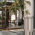 Modern Courtyard Garden Design With Covered Pavilion Green Plants Bonsai Tree And Stone Pavement