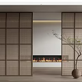 Rattan Sliding Doors In Modern Interior With Fireplace And Potted Plant