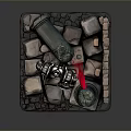 Man in Medieval Armor Holding Sword and Shield Near Burning Pillar with Stones and Bricks