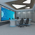 Public Office Area Featuring Round Conference Table Black Office Chairs Large Screen And Tech Graphics
