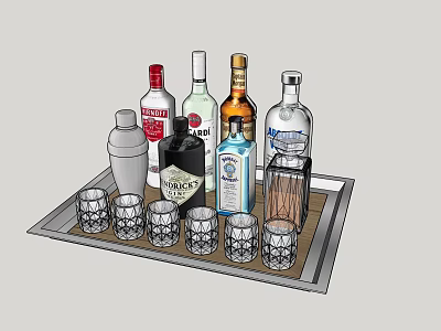Various Alcohol Bottles And Glasses On Stylish Bar Tray With Shaker 3d model