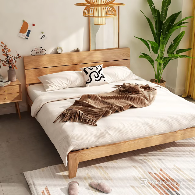 Double Bed With Wooden Headboard White Sheets Brown Throw Blanket And Green Plant 3d model 