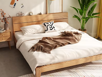 Double Bed With Wooden Headboard White Sheets Brown Throw Blanket And Green Plant 3d model