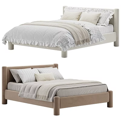 Cozy Kids Bed with White and Brown Frames Striped Bedding Fringe Trim and Pillows 3d model