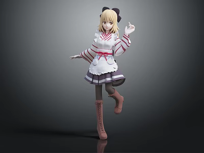 Anime Fantasy Character Girl In Red Striped Apron With Brown Boots As Creature 3d model