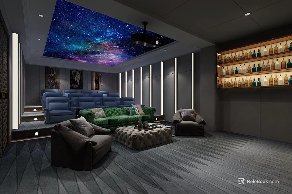 Starry Ceiling Home Theater With Projector Comfortable Seating And Wine Cabinet 3d model 