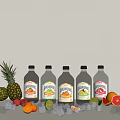 Assorted Fruit Juices Display with Fresh Fruits and Ice Cubes