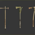 Three Ancient Battle Axes With Wooden Handles And Ornate Metal Heads