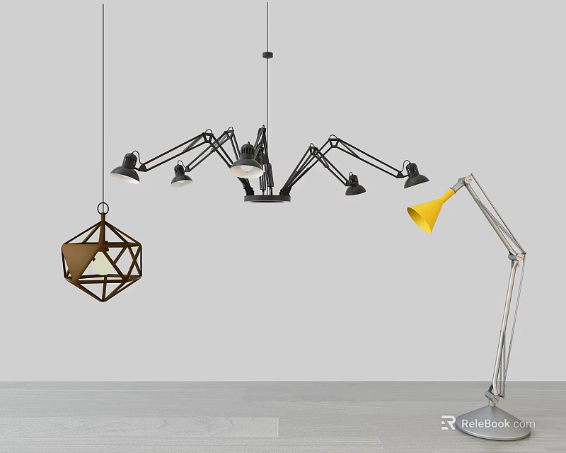 Modern Lighting Combination With Geometric Pendant Multi Arm Spider Light And Yellow Table Lamp 3d model 