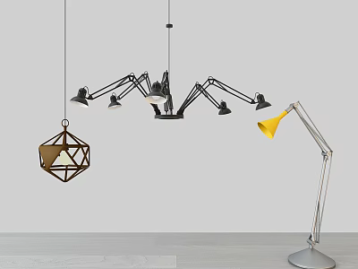 Modern Lighting Combination With Geometric Pendant Multi Arm Spider Light And Yellow Table Lamp 3d model