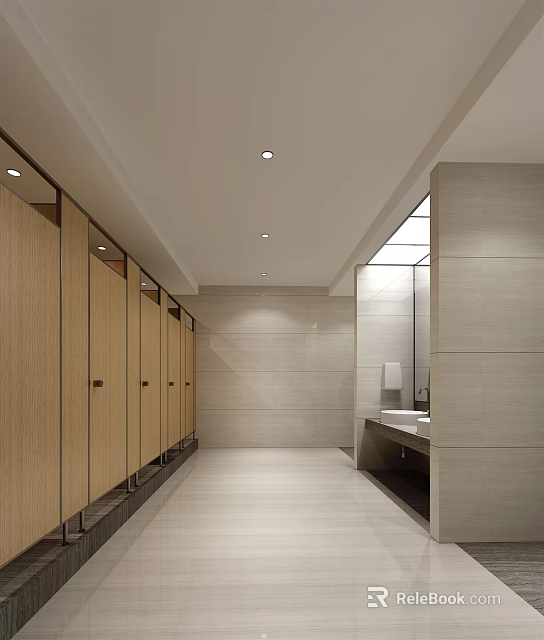 Spacious Modern Public Restroom With Wooden Stalls Sink Mirror And Ceiling Lighting 3d model 