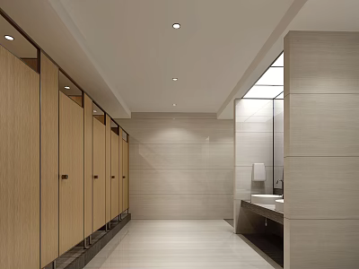 Spacious Modern Public Restroom With Wooden Stalls Sink Mirror And Ceiling Lighting 3d model